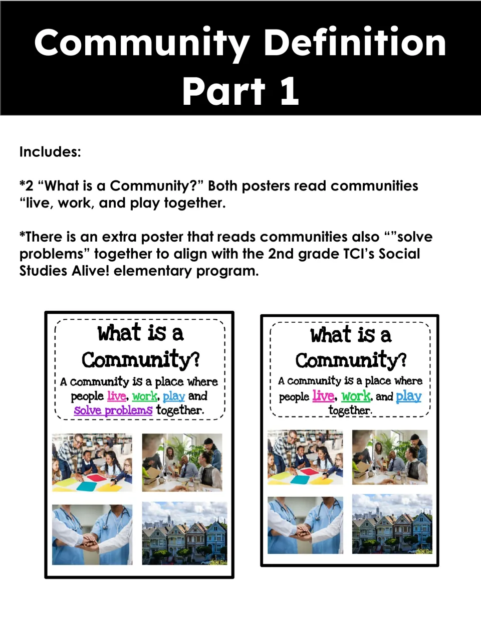 Community definition part 1 overview: two What is a Community? posters, one adding that people solve problems together