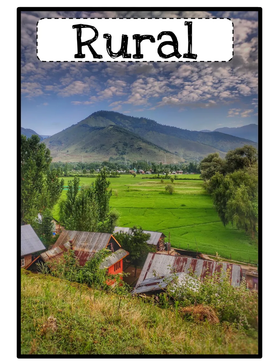 Rural community poster: a photo of green farm fields, scattered tin-roof houses and a mountain under a cloudy sky