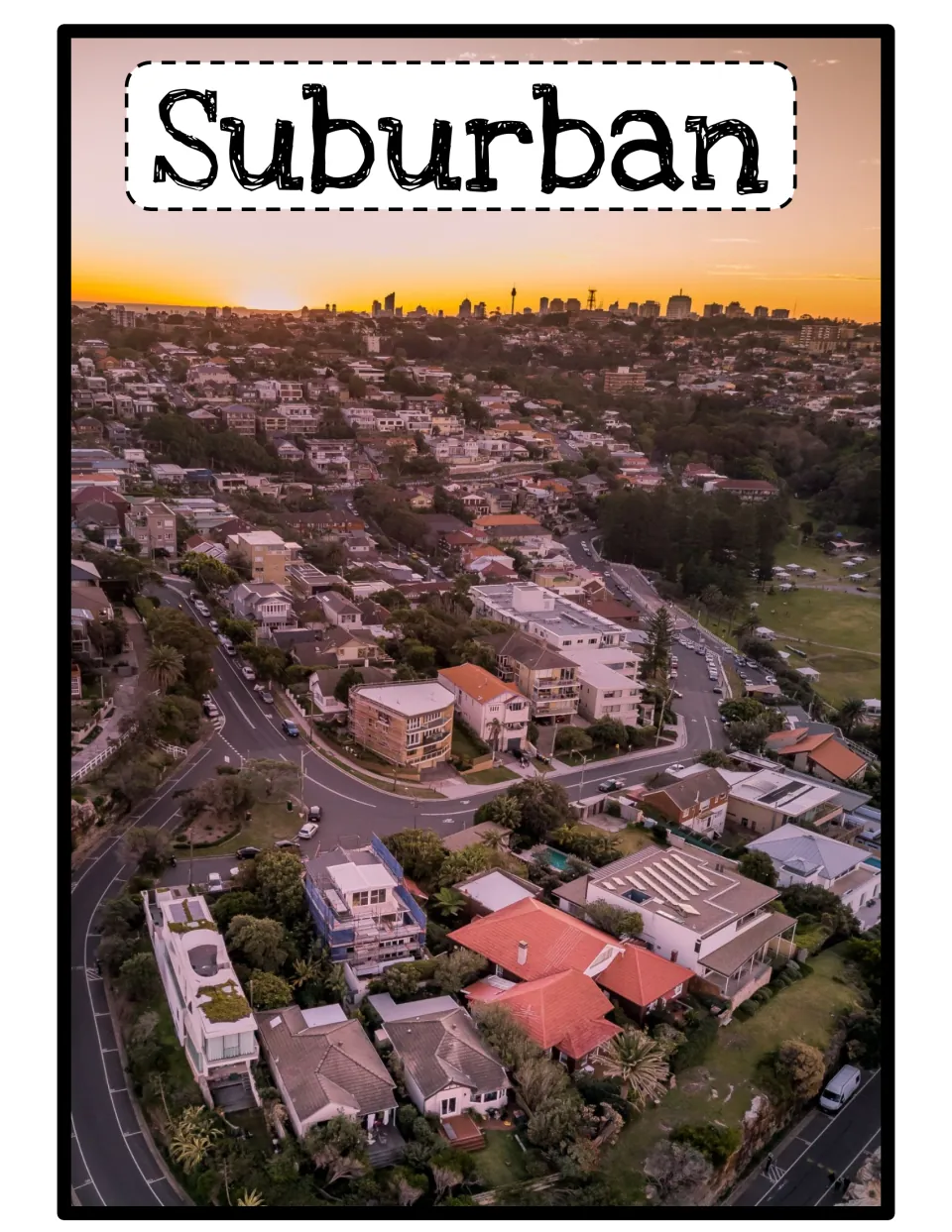 Suburban community poster: an aerial photo of houses, apartments and curving streets with a city skyline at sunset