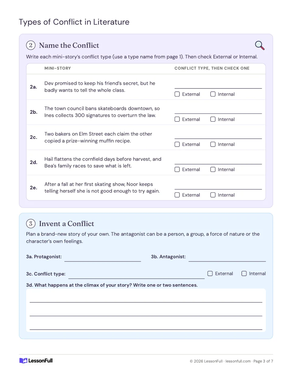 Conflict practice asks students to classify five mini-stories, then invent a conflict and its climax