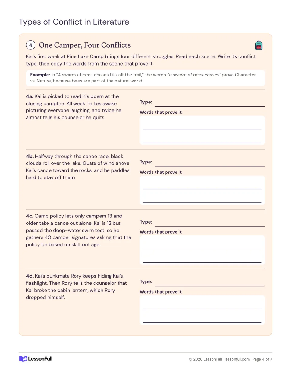 Four camp scenes ask students to identify Kai’s conflict types and copy words that support each answer
