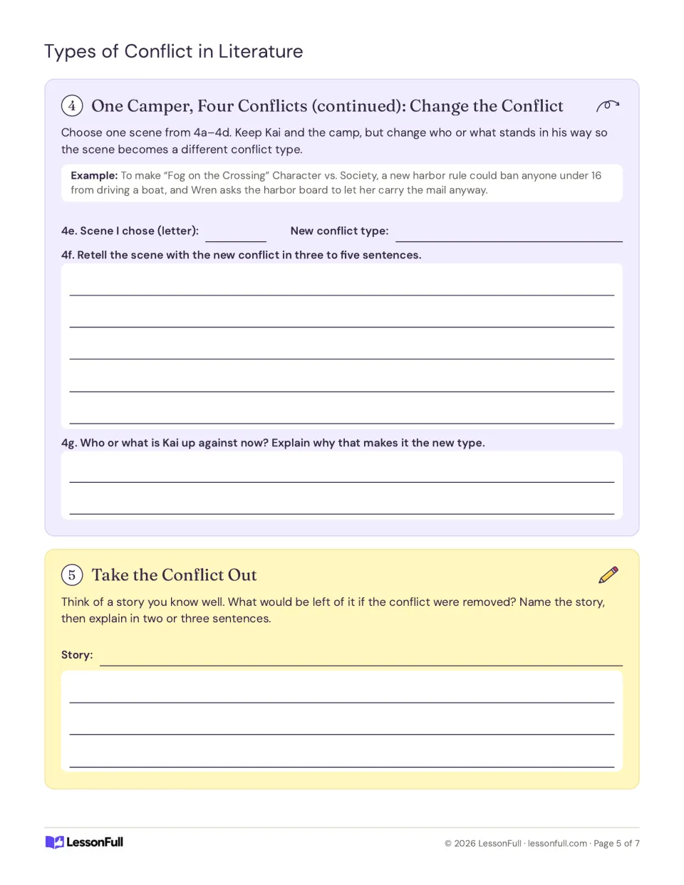 Writing activities ask students to change a camp scene’s conflict and explain a story without its conflict