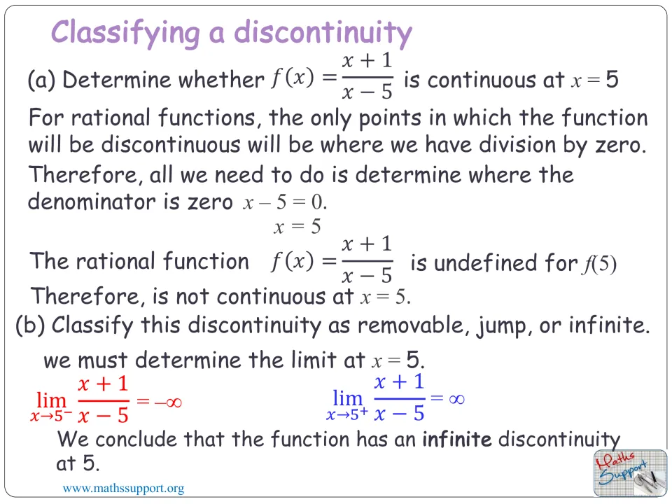 Worked example classifies f(x) = (x + 1)/(x − 5) at x = 5 as an infinite discontinuity using one-sided limits