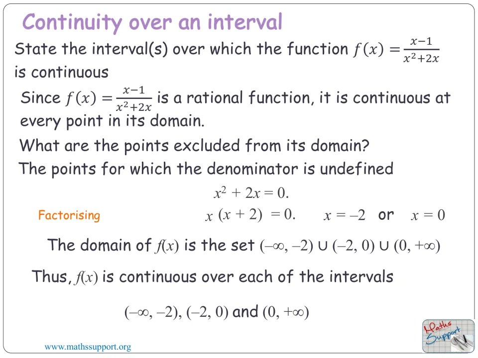 Worked interval example factors the denominator of f(x) = (x − 1)/(x² + 2x), excluding −2 and 0 from its domain
