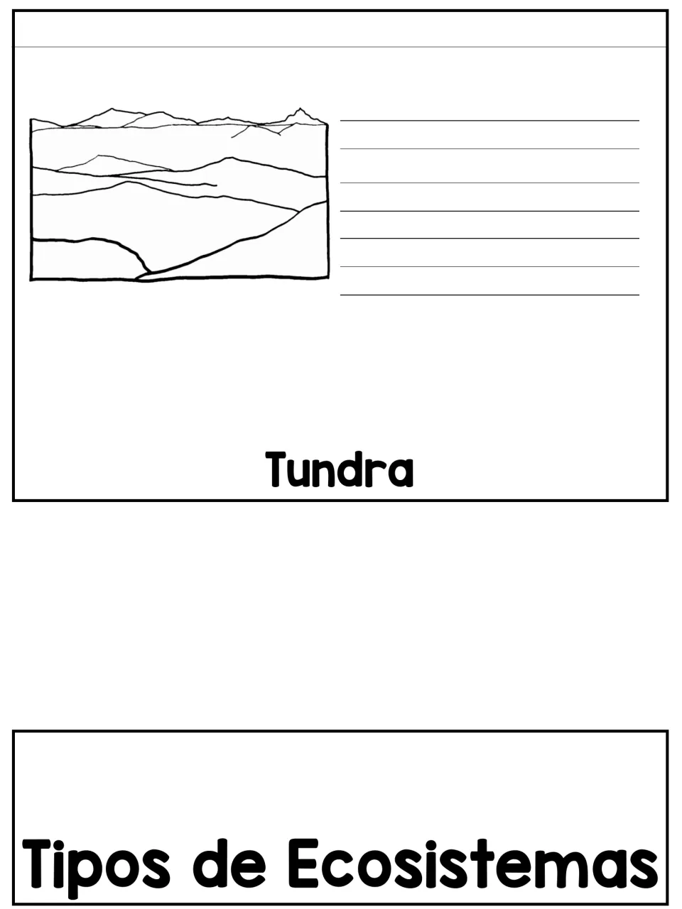 Tundra flip-book cut-out piece: a tundra landscape to color and space to write, plus a 'Tipos de Ecosistemas' title strip