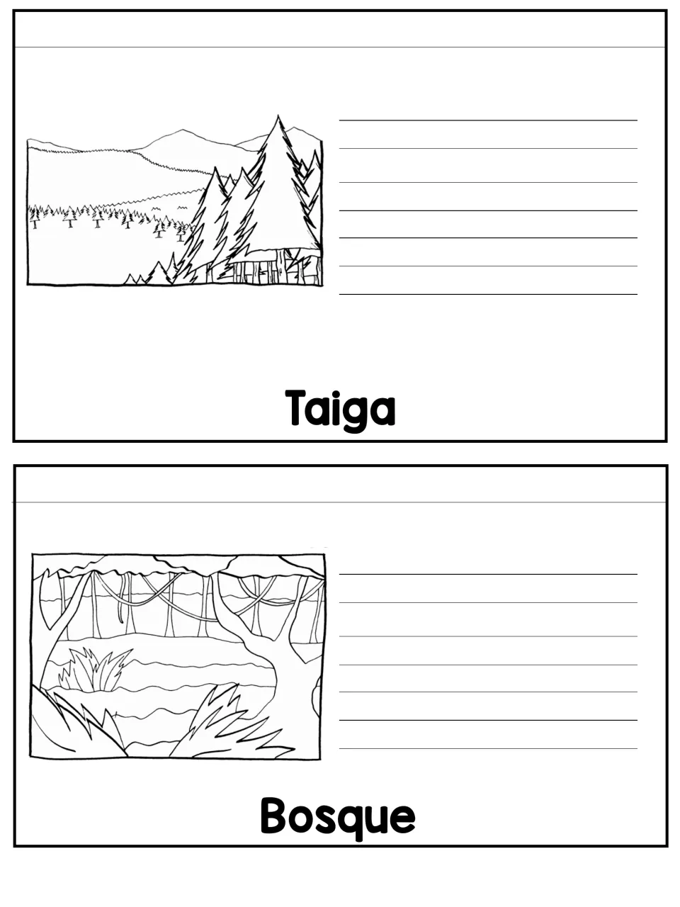 Taiga and Bosque cut-out pieces: conifer forest and jungle forest scenes to color, each with space to describe it