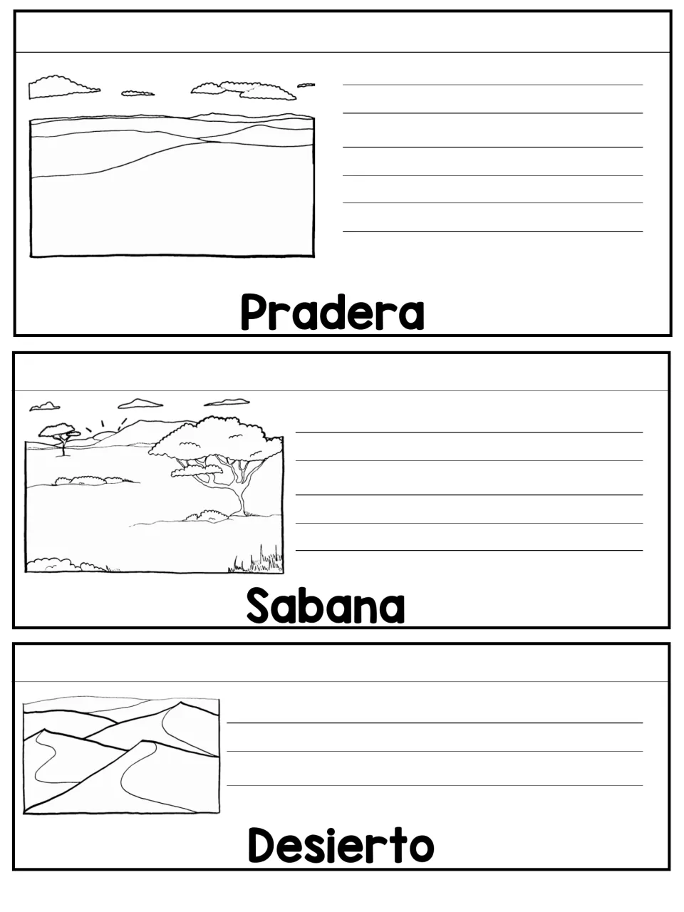 Pradera, Sabana and Desierto cut-out pieces: grassland, savanna with acacia and sand dune scenes to color and describe