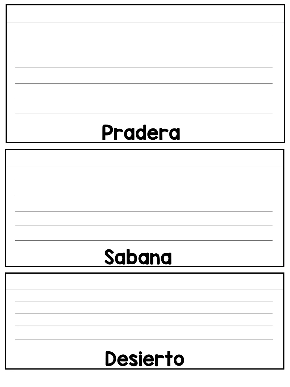 Pradera, Sabana and Desierto cut-out pieces with no pictures, where students write about grassland, savanna and desert