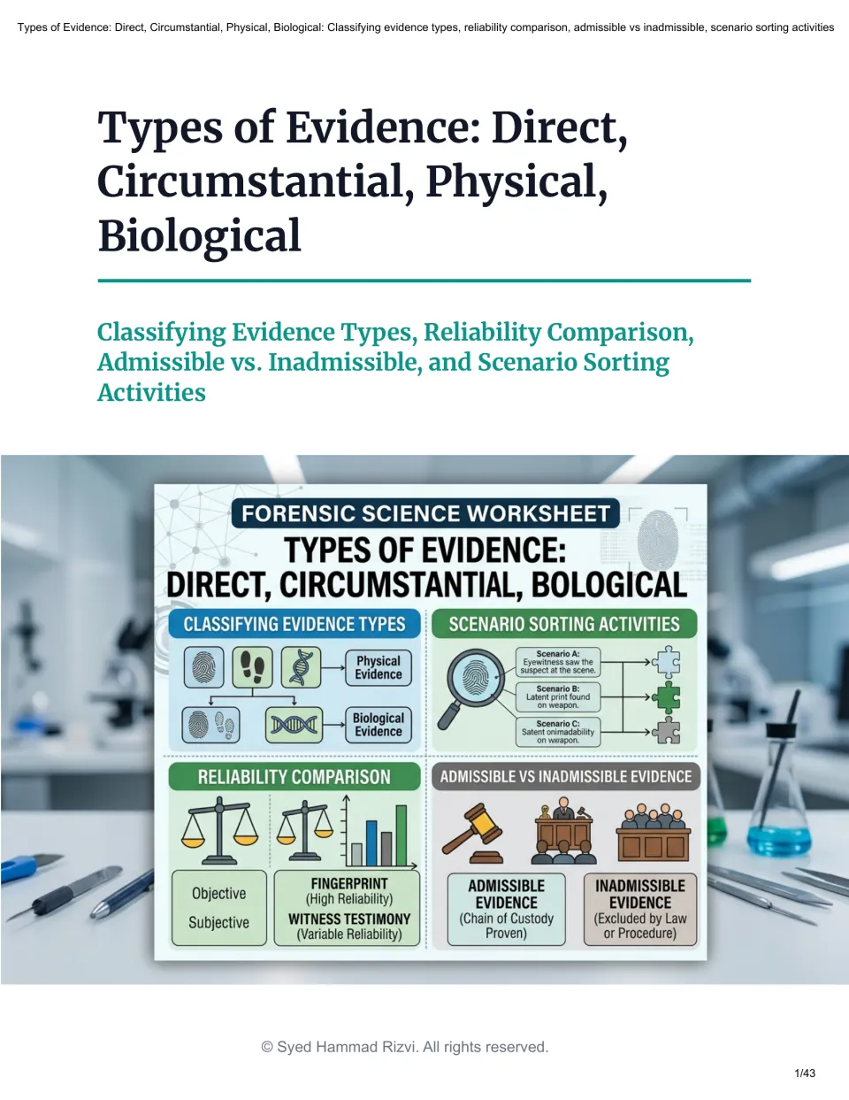 Cover for a forensic science evidence workbook showing a worksheet preview on classifying, reliability and admissibility
