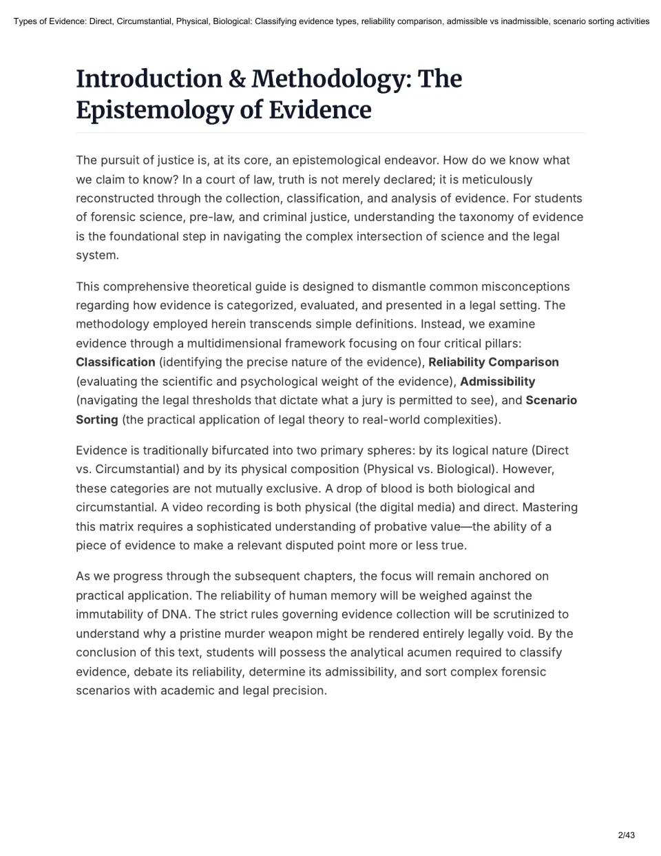 Intro to the epistemology of evidence: students read four pillars: classification, reliability, admissibility, sorting