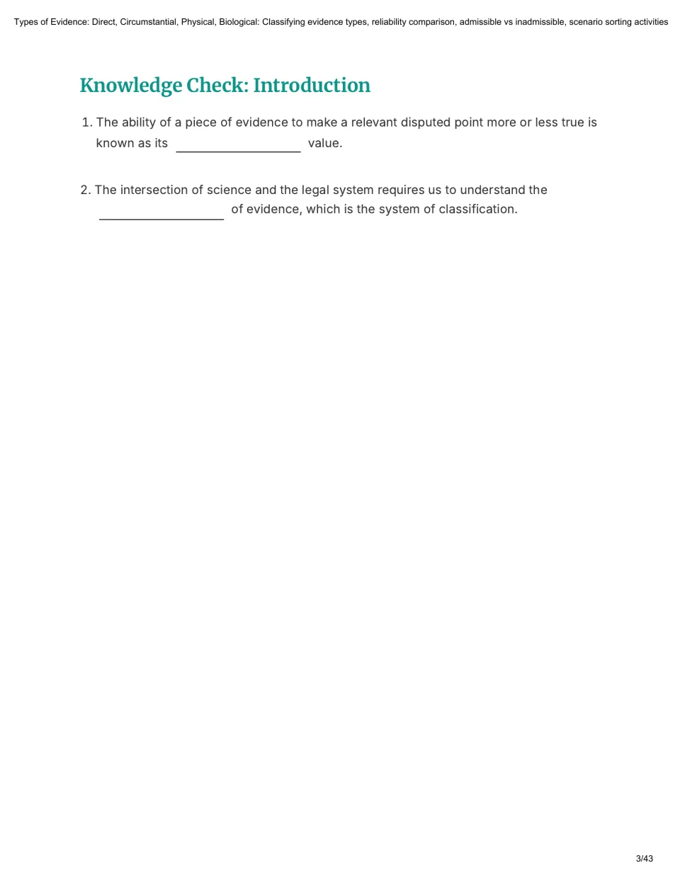 Introduction knowledge check: students fill in two blanks, probative value and taxonomy, recalling key vocabulary