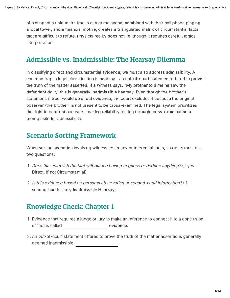Hearsay and admissibility: students read a two-question sorting framework, then complete a Chapter 1 fill-in check