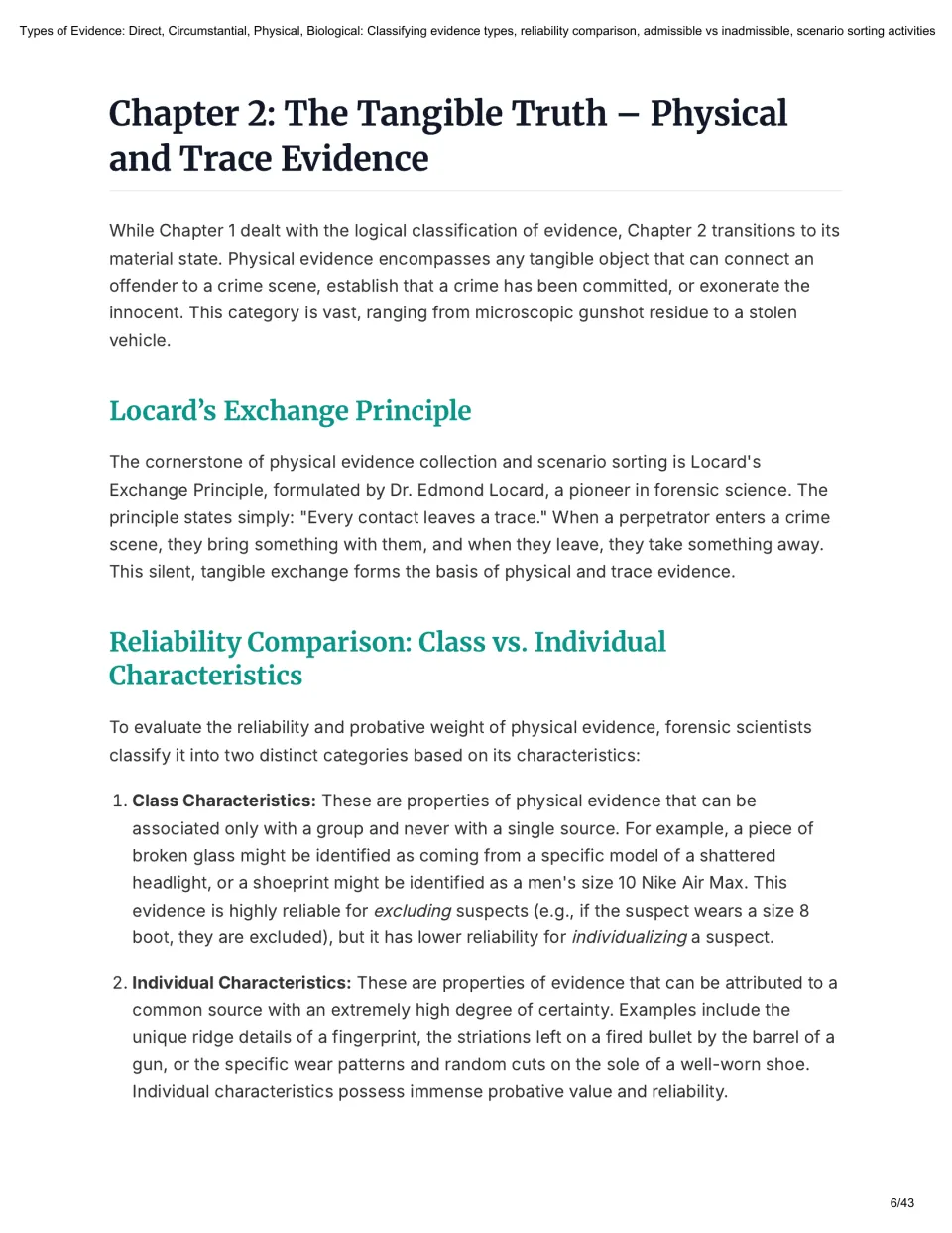 Physical and trace evidence reading: Locard's Exchange Principle and comparing class with individual characteristics