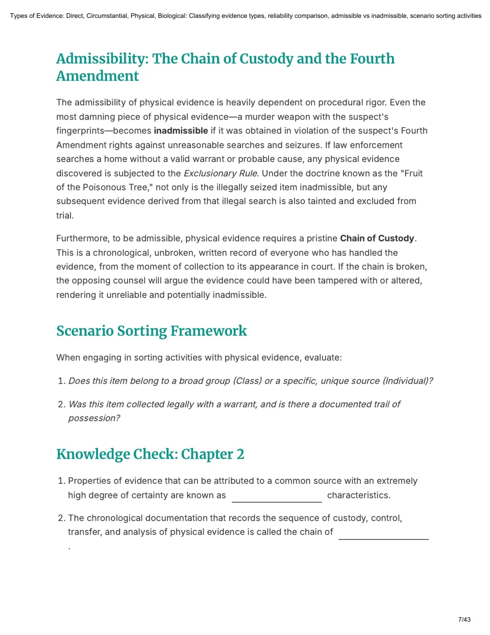 Chain of custody and the Fourth Amendment for physical evidence, with sorting questions and a two-blank knowledge check