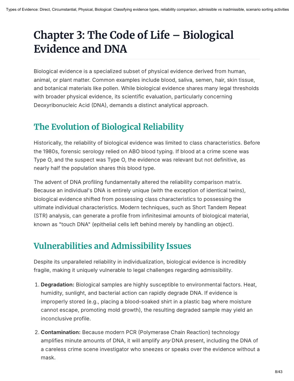 Biological evidence and DNA reading: blood typing versus DNA profiling, plus degradation and contamination risks
