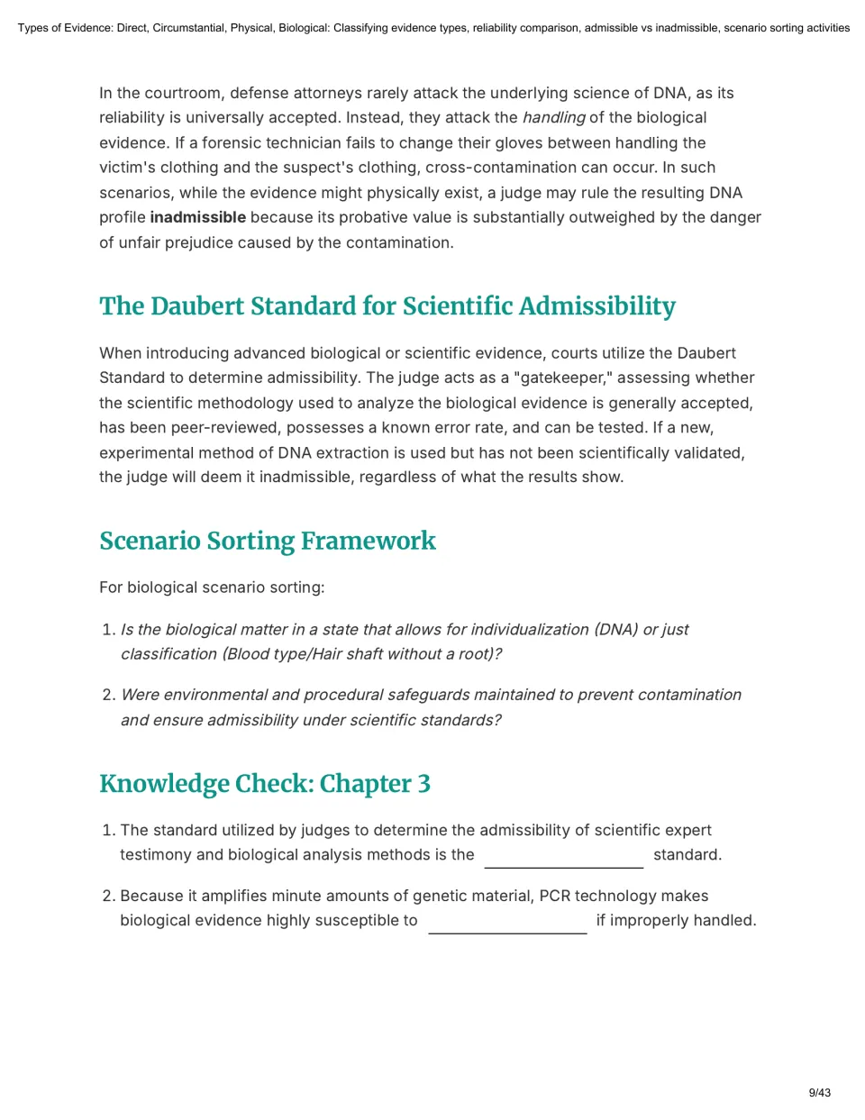 Daubert Standard and biological scenario-sorting questions, then a two-blank Chapter 3 knowledge check