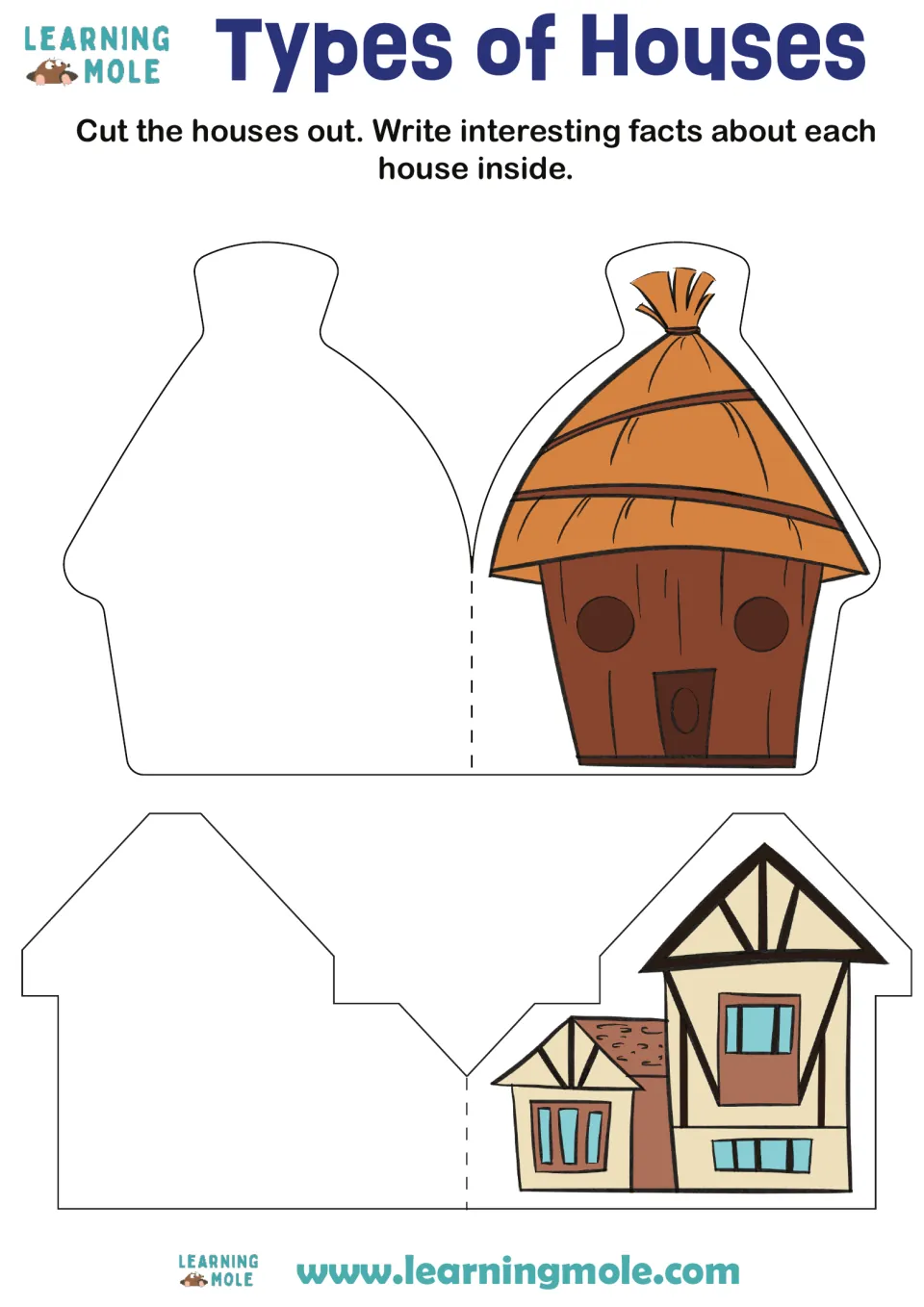 Types of houses fold-out cards: students cut out a thatched hut and a timber-framed house and write facts inside each one