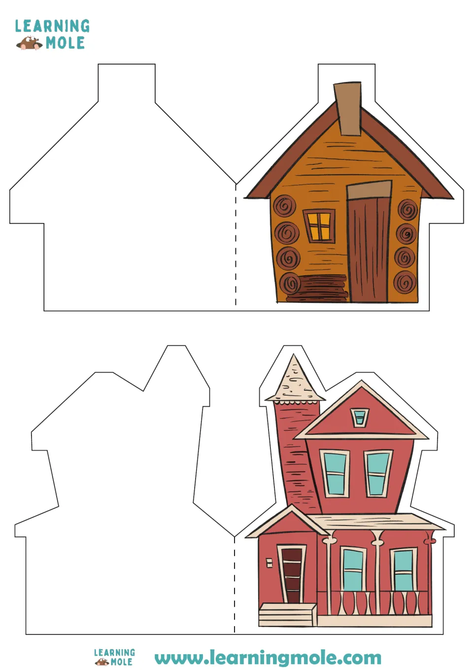 Log cabin with a chimney and a red Victorian home with a turret to cut out and fold, each with a blank panel for facts