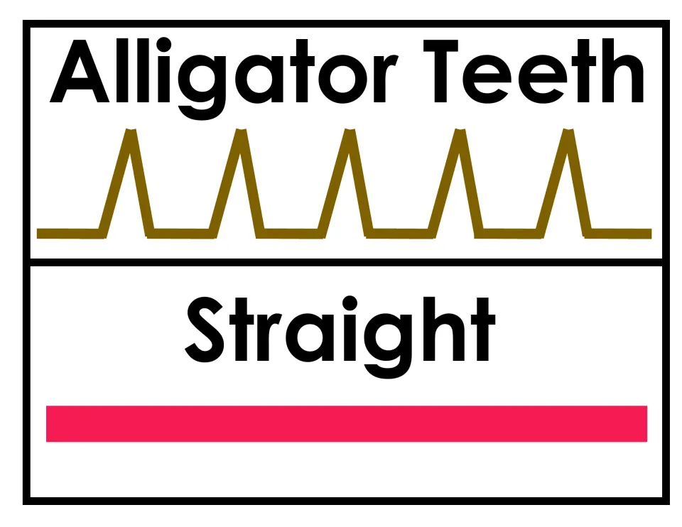 Alligator teeth and straight line poster: a brown row of sharp peaks on a flat base, then a solid pink bar below