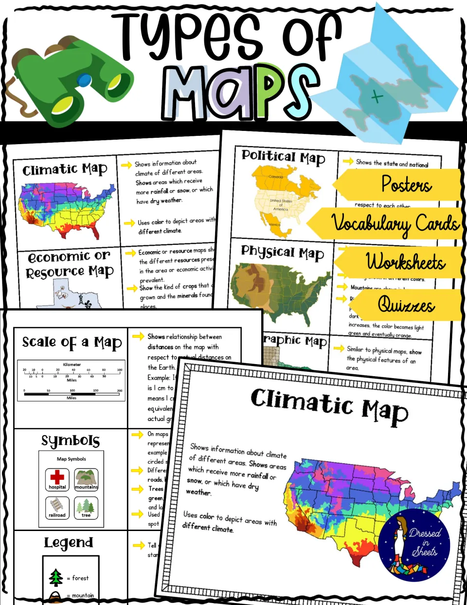 Types of Maps cover with sample posters and reference charts, tabbed Posters, Vocabulary Cards, Worksheets and Quizzes
