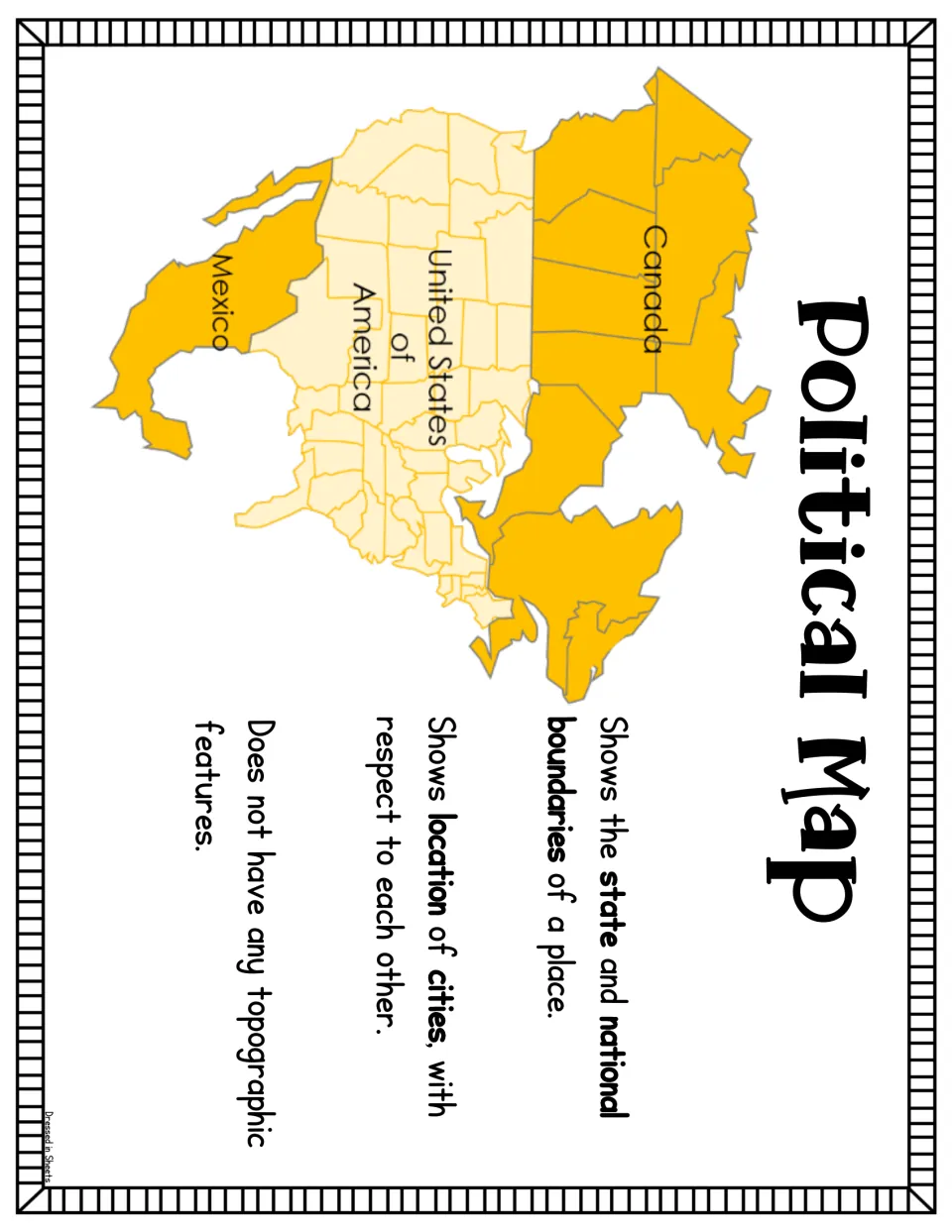 Political map poster: Canada, the United States and Mexico, with notes on state and national boundaries and city locations