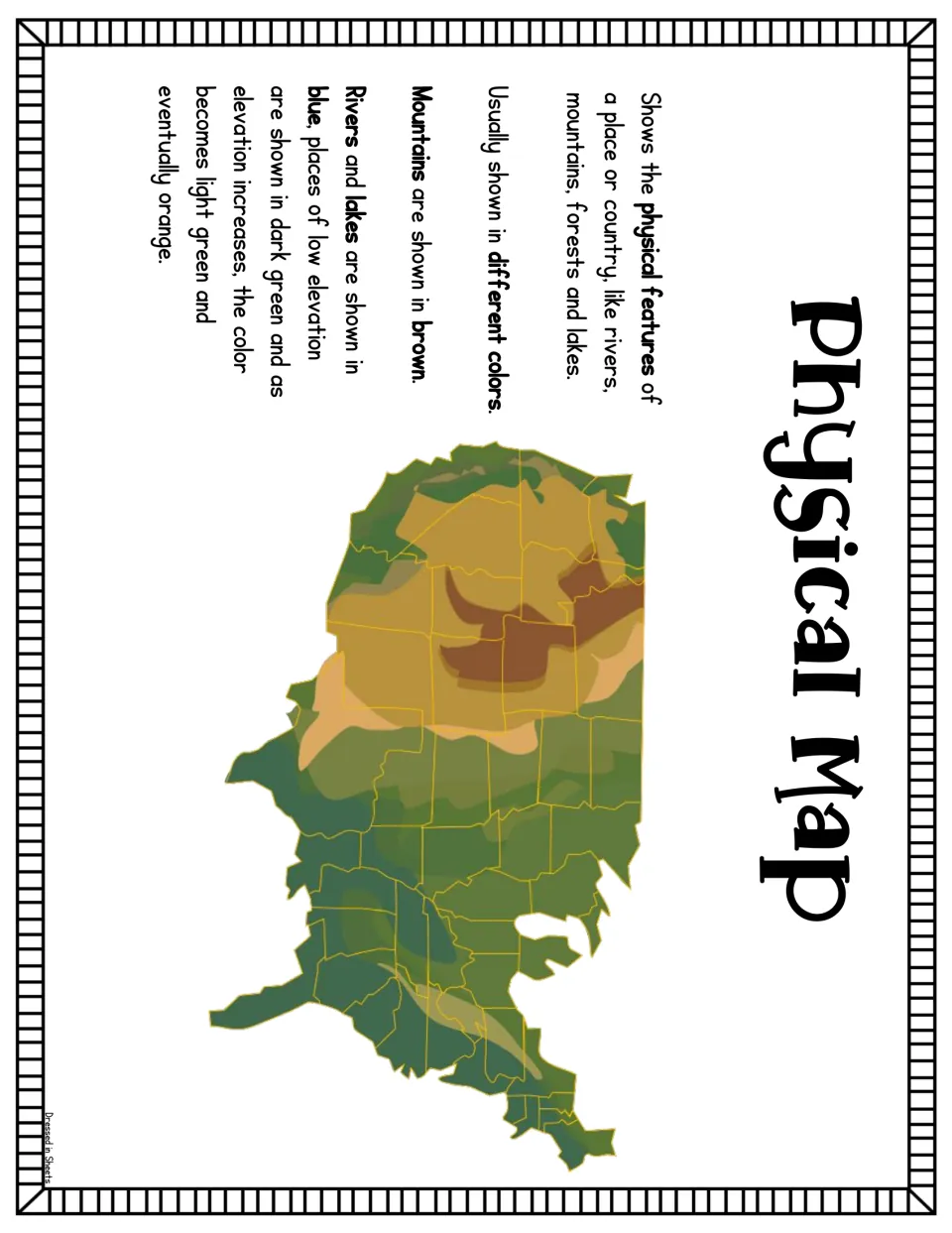 Physical map poster: a shaded US map with notes that mountains show in brown, rivers and lakes in blue, lowlands in green