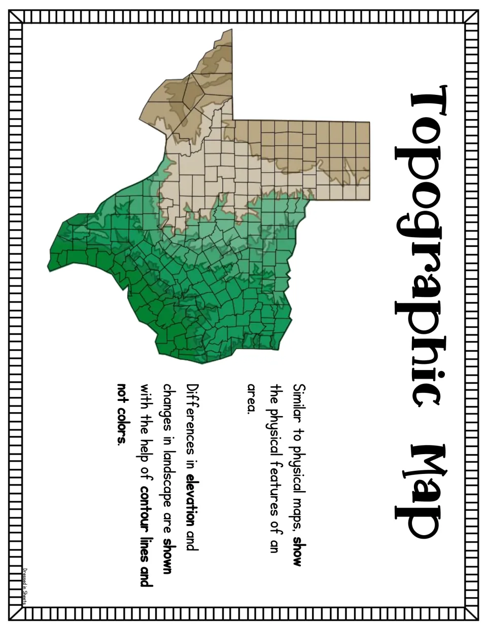 Topographic map poster: a Texas county map explaining that contour lines, not colors, show changes in elevation