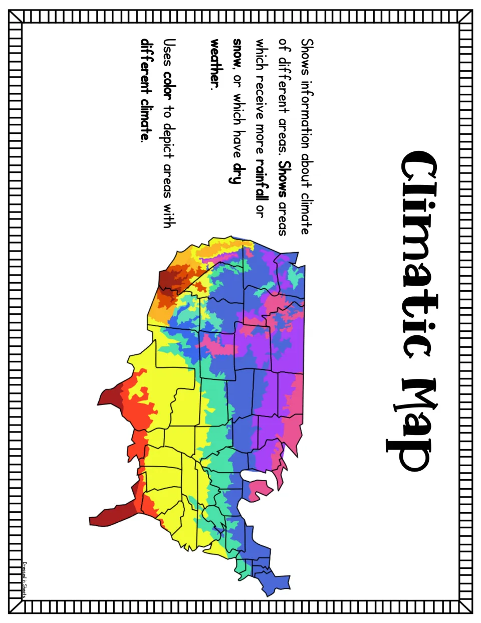 Climatic map poster: a multicolored US map with notes on how color marks rainy, snowy and dry regions across the country