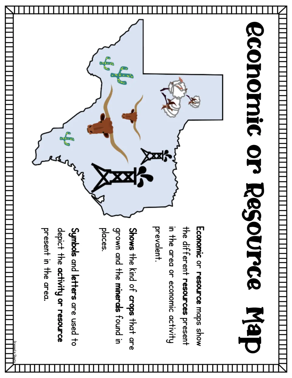 Economic or resource map poster: Texas with cotton, cattle, cactus and oil derrick symbols showing crops and minerals
