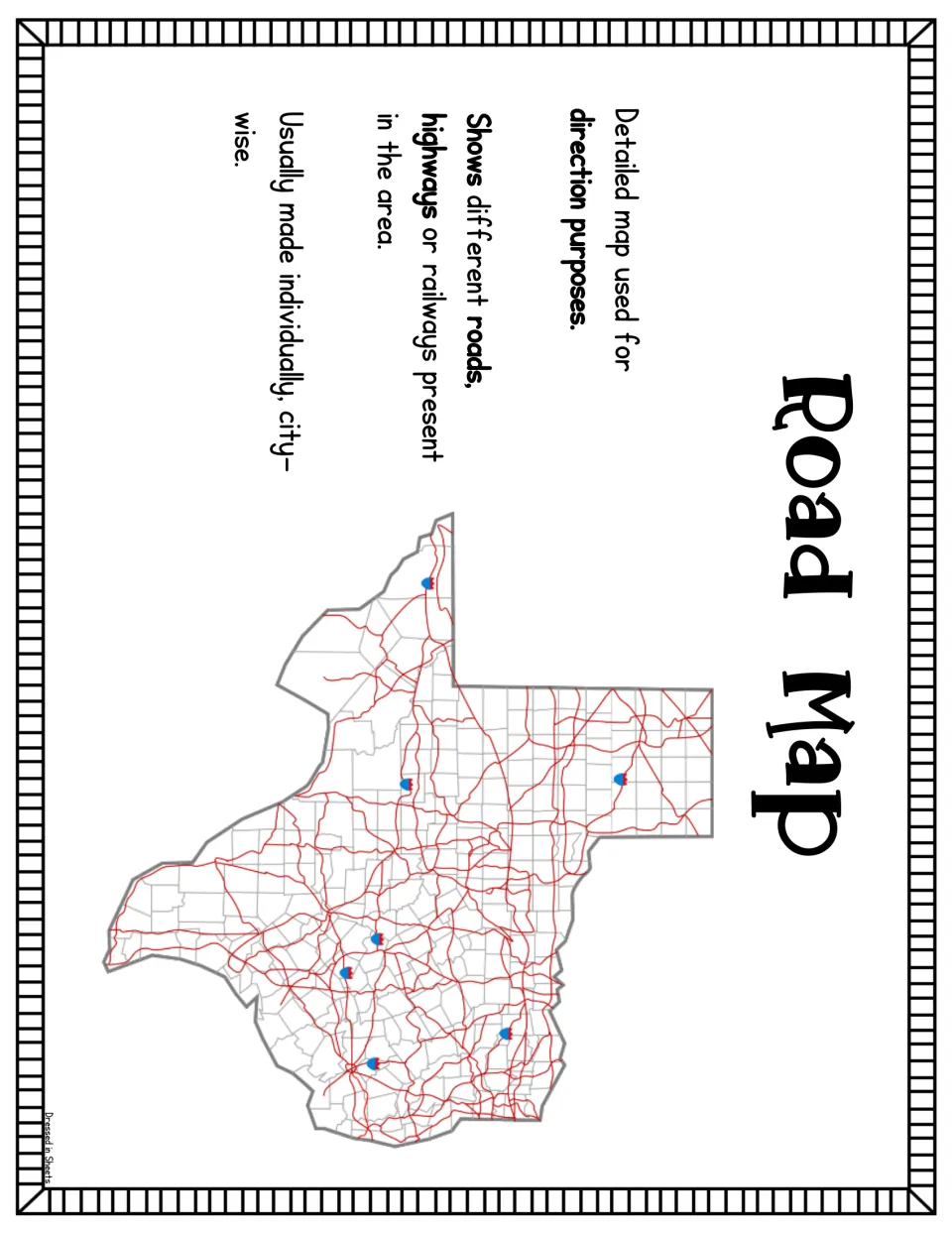 Road map poster: a Texas map traced with red highways and blue route markers, described as a detailed map for directions