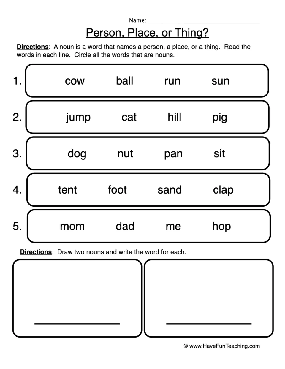 Noun practice: circle nouns in five groups, including cow, ball, cat, and hill, then draw and label two nouns.