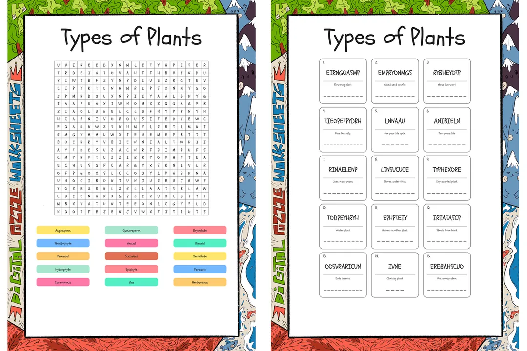 Types of Plants word search, scramble and crossword – cover
