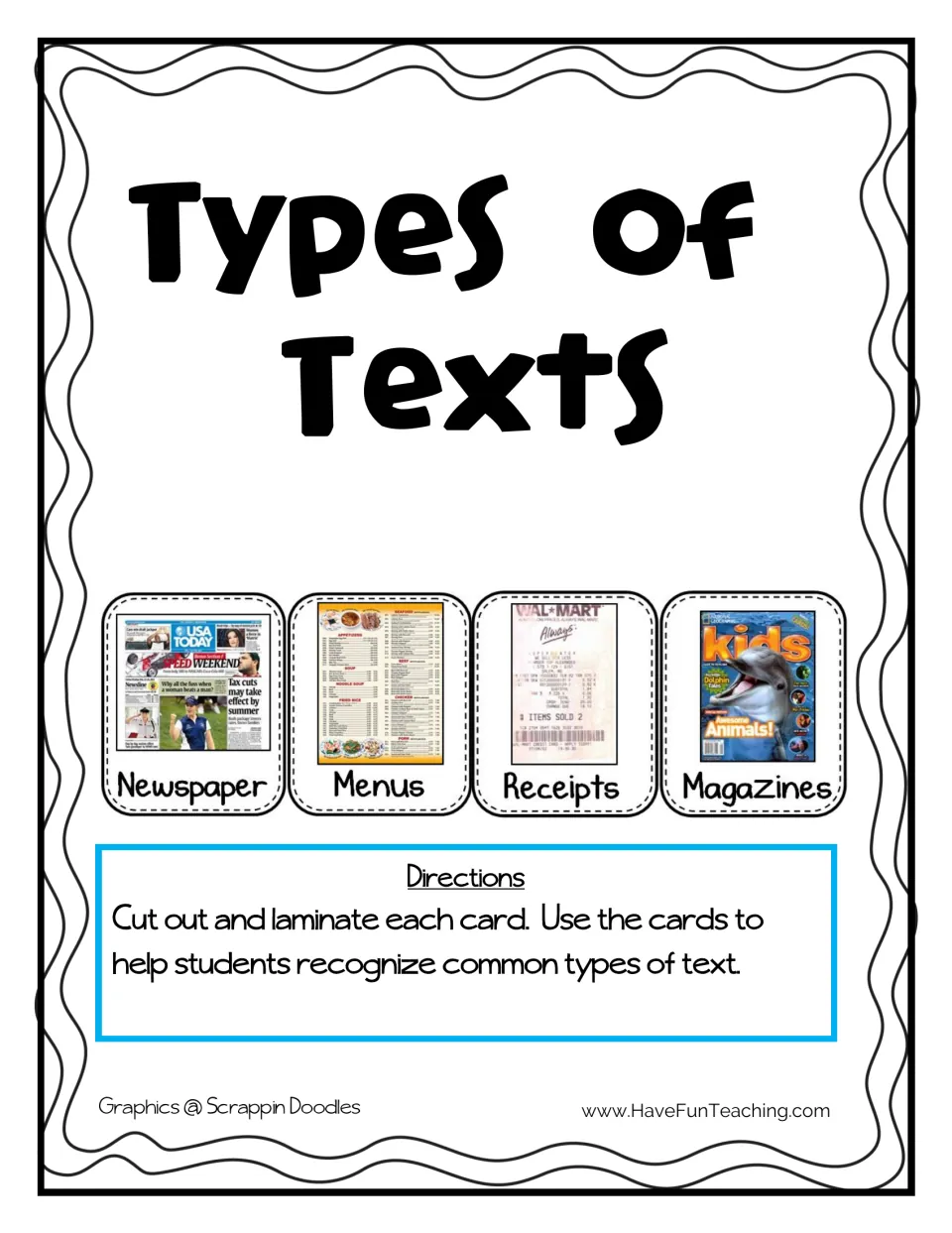 Types of Texts cover showing newspaper, menu, receipt and magazine cards, with directions to cut out and laminate each card