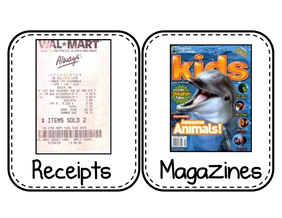 Text type cards: a Walmart store receipt labeled Receipts and a National Geographic Kids cover labeled Magazines