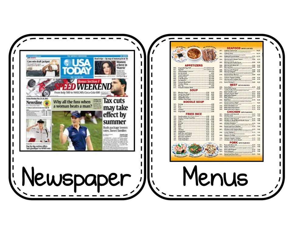 Text type cards: a USA Today front page labeled Newspaper and a restaurant menu labeled Menus