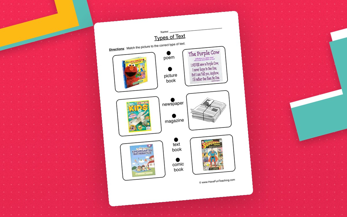 Types of Text worksheet with six publication pictures and six labels to connect, including picture book, newspaper, and comic book.