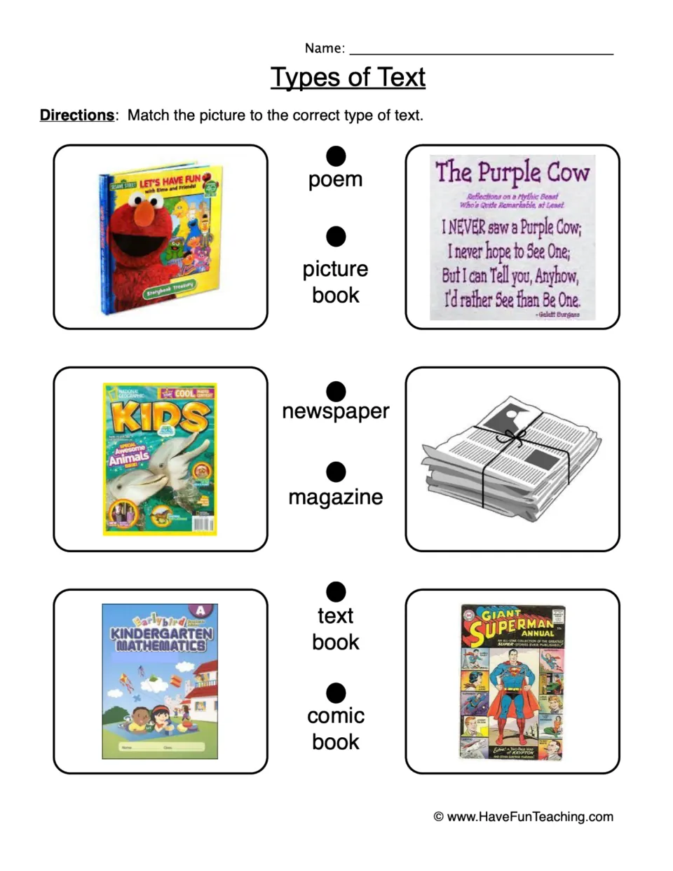 Types of text matching: students match six pictures to poem, picture book, newspaper, magazine, textbook and comic book
