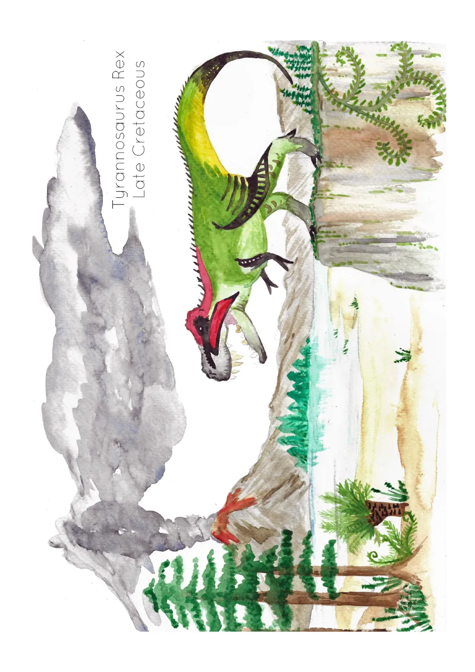 Dinosaur poster showing a green and red T. rex in a volcanic landscape, labeled Late Cretaceous
