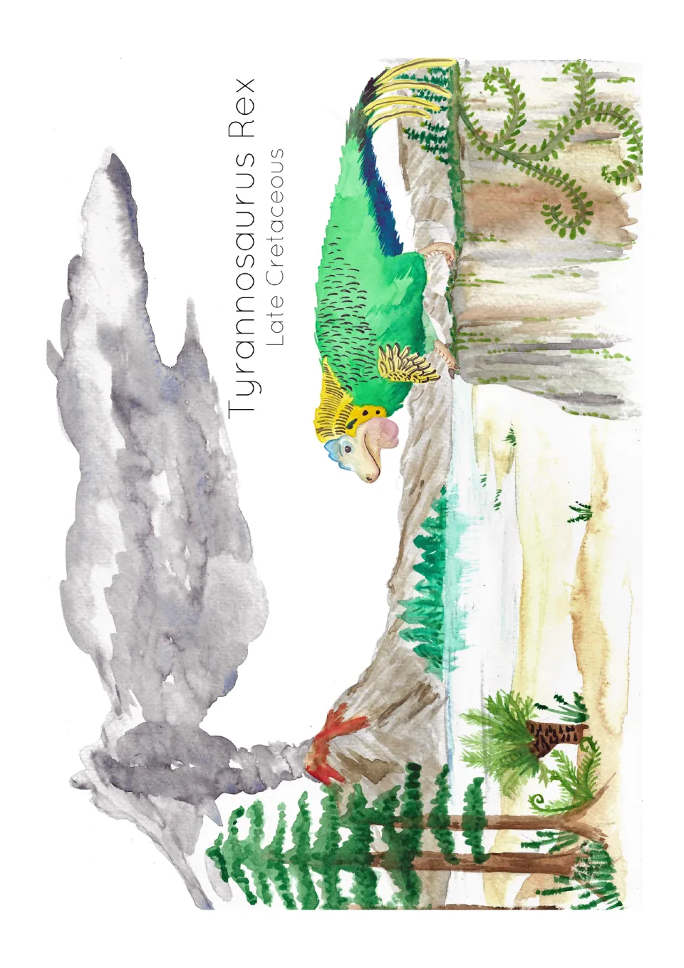 Dinosaur reconstruction poster showing a feathered green T. rex in a landscape, labeled Late Cretaceous