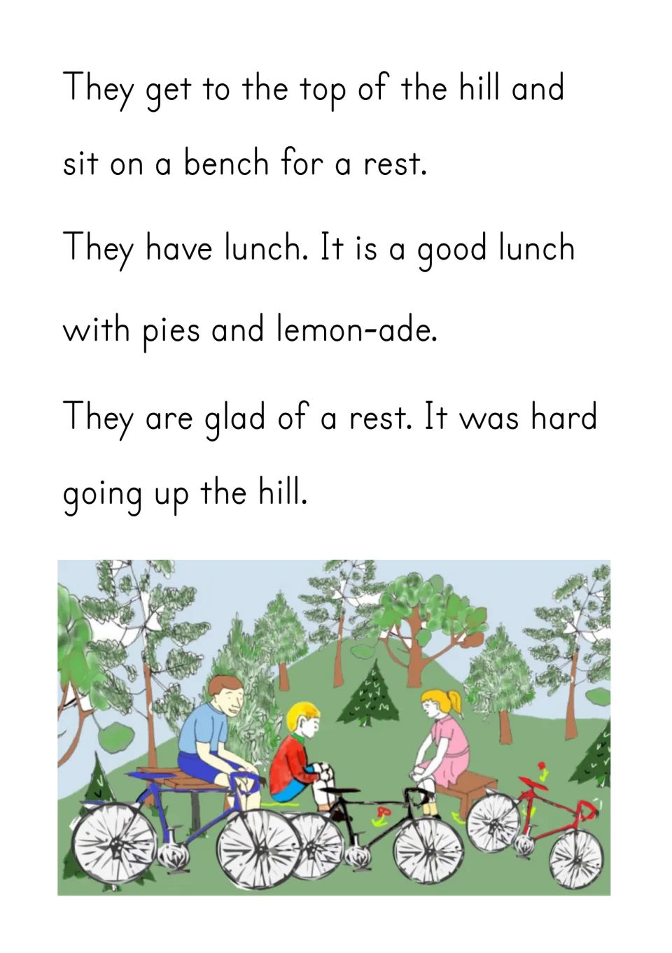 Lunch at the top: students read about resting on a bench with pies and lemonade, pictured with their three bikes