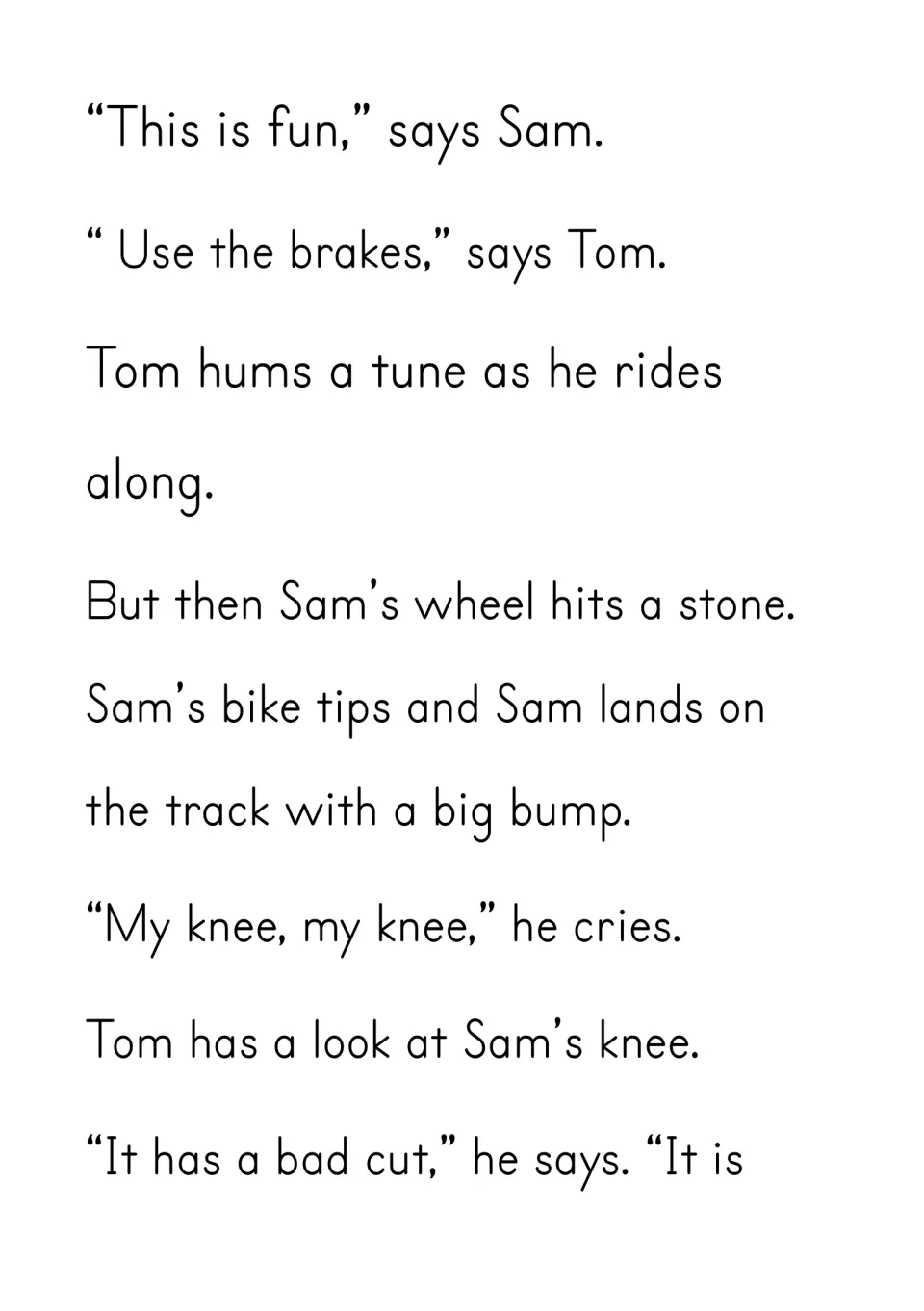The fall: students read how Sam's wheel hits a stone, his bike tips and he cries about his knee while Tom checks the cut