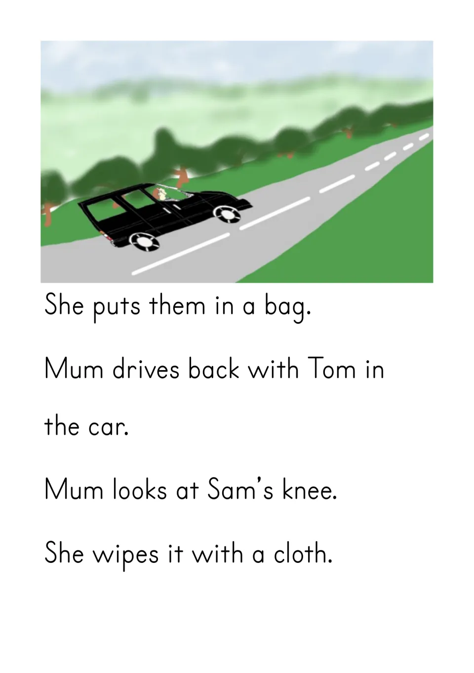 Mum to the rescue: students read how Mum drives back with Tom and wipes Sam's knee with a cloth; a black car is pictured