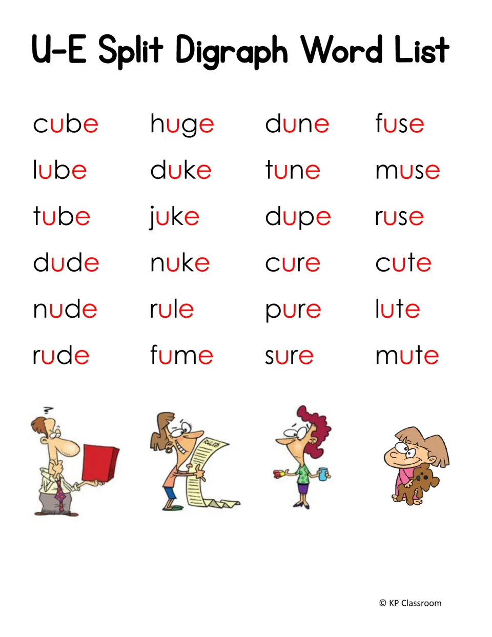 U-E word list: 24 long u words with the u and e in red, such as cube, huge, dune, fuse, rule, cure and mute