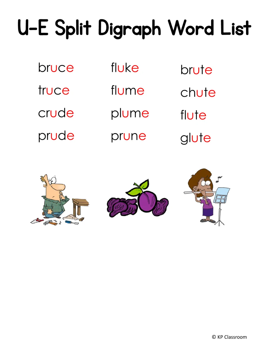 Second u-e word list: 12 consonant-blend words such as truce, crude, fluke, flume, plume, prune, chute and glute