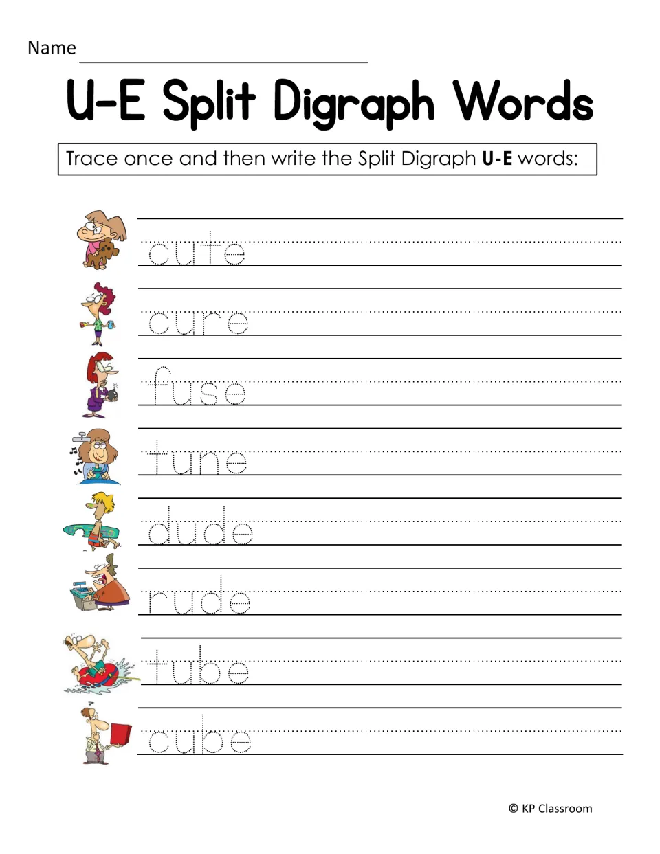 Tracing u-e words: students trace then write cute, cure, fuse, tune, dude, rude, tube and cube beside pictures
