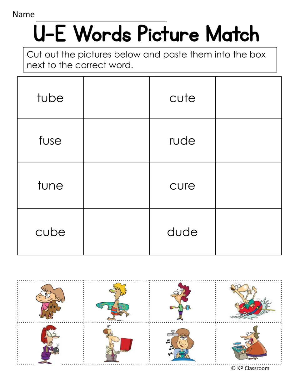 U-E picture match: students cut out 8 pictures and paste each by tube, fuse, tune, cube, cute, rude, cure or dude