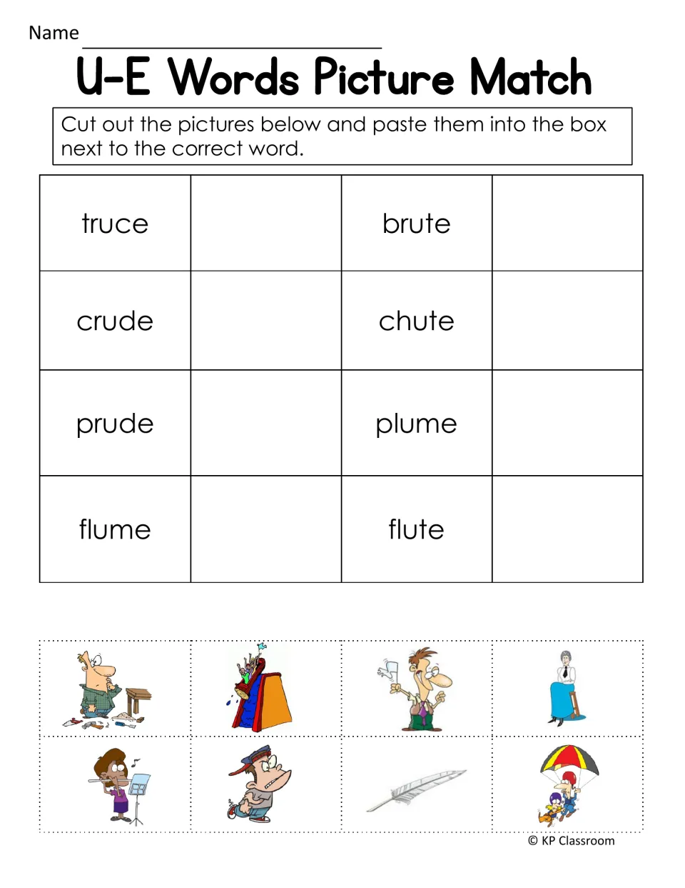 Picture match with blends: students paste cut-out pictures beside truce, crude, prude, flume, brute, chute, plume, flute