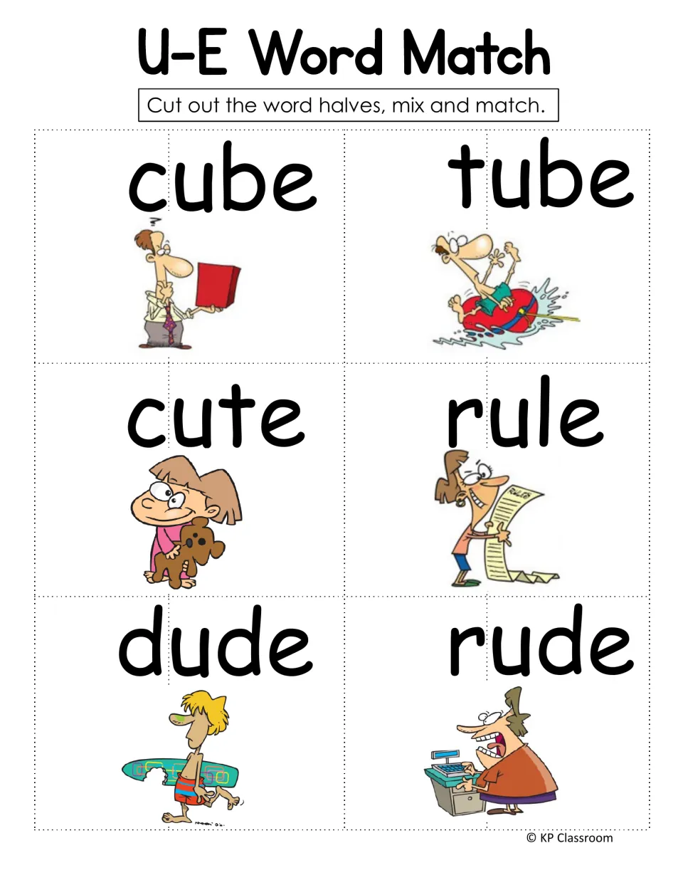 U-E word match cards: cut-apart picture cards for cube, tube, cute, rule, dude and rude, split into halves to pair