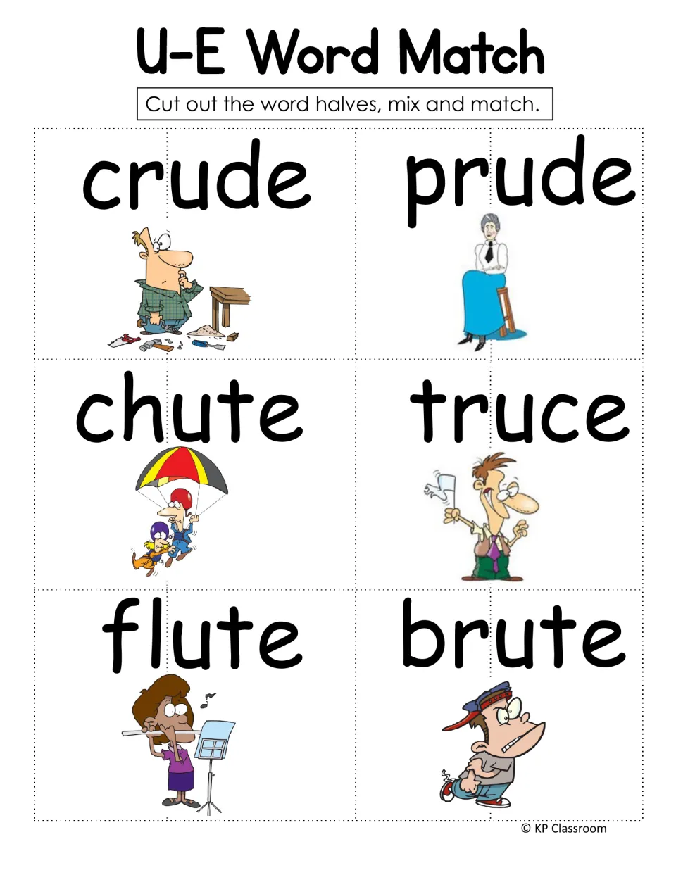 Blend word match cards: crude, prude, chute, truce, flute and brute cards with pictures, cut in half to mix and match