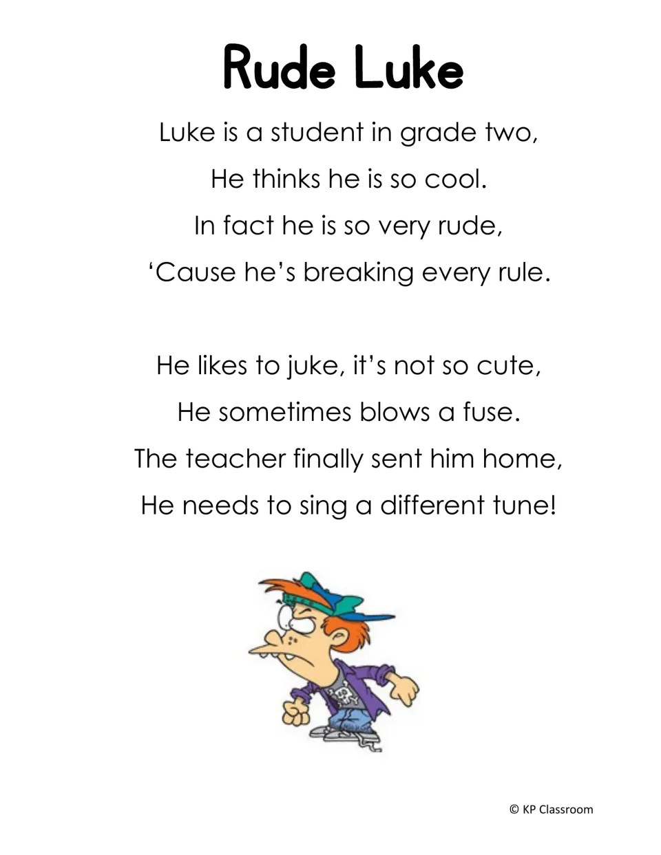 Rude Luke poem: two rhyming verses using u-e words such as rude, rule, juke, cute, fuse and tune for reading aloud